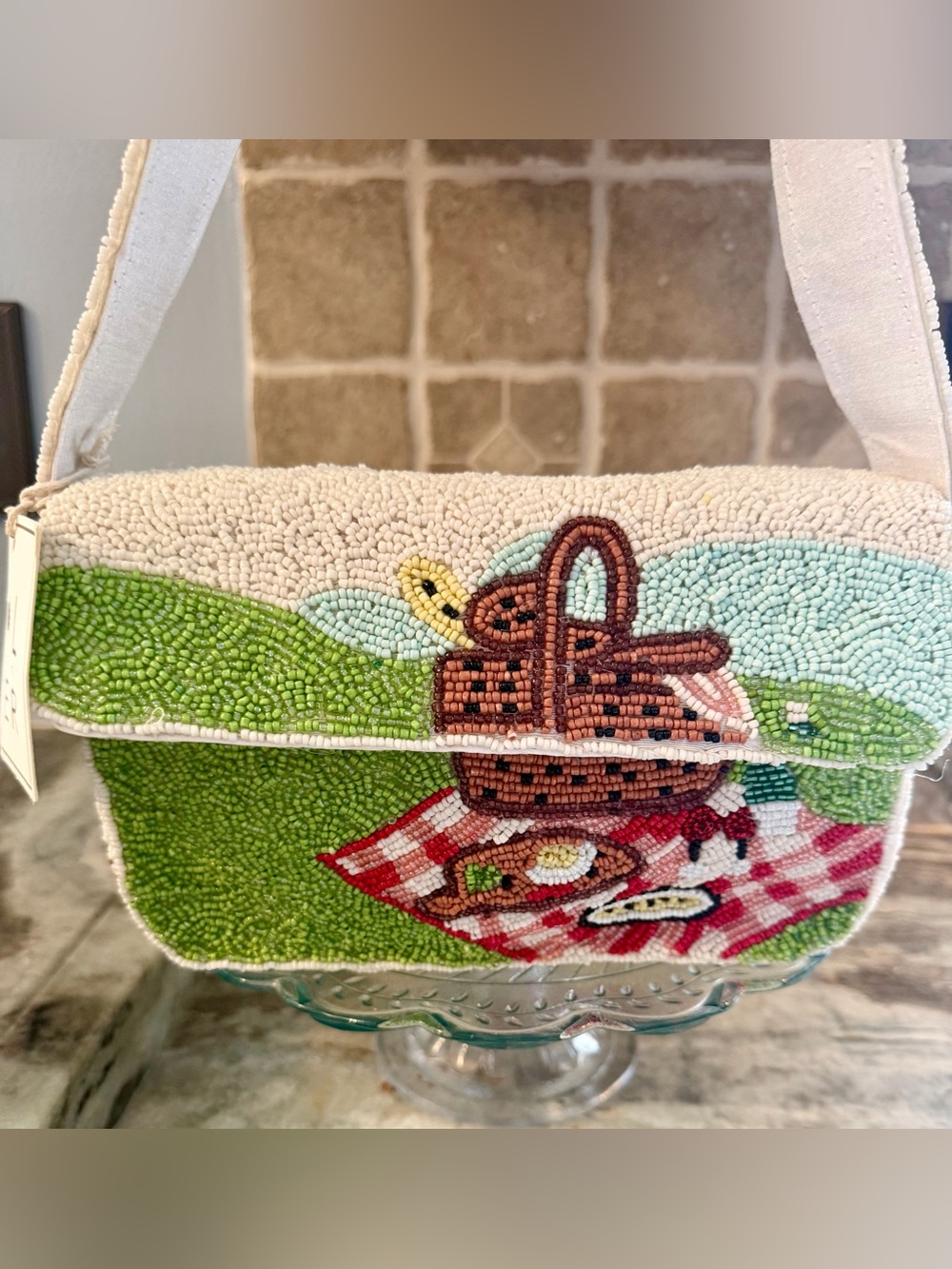 Viral Beaded Shoulder Bag by Sol and Mer Cream Picnic Theme Wine and Cheese!